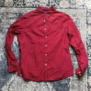 Red button up with blue & white stripes